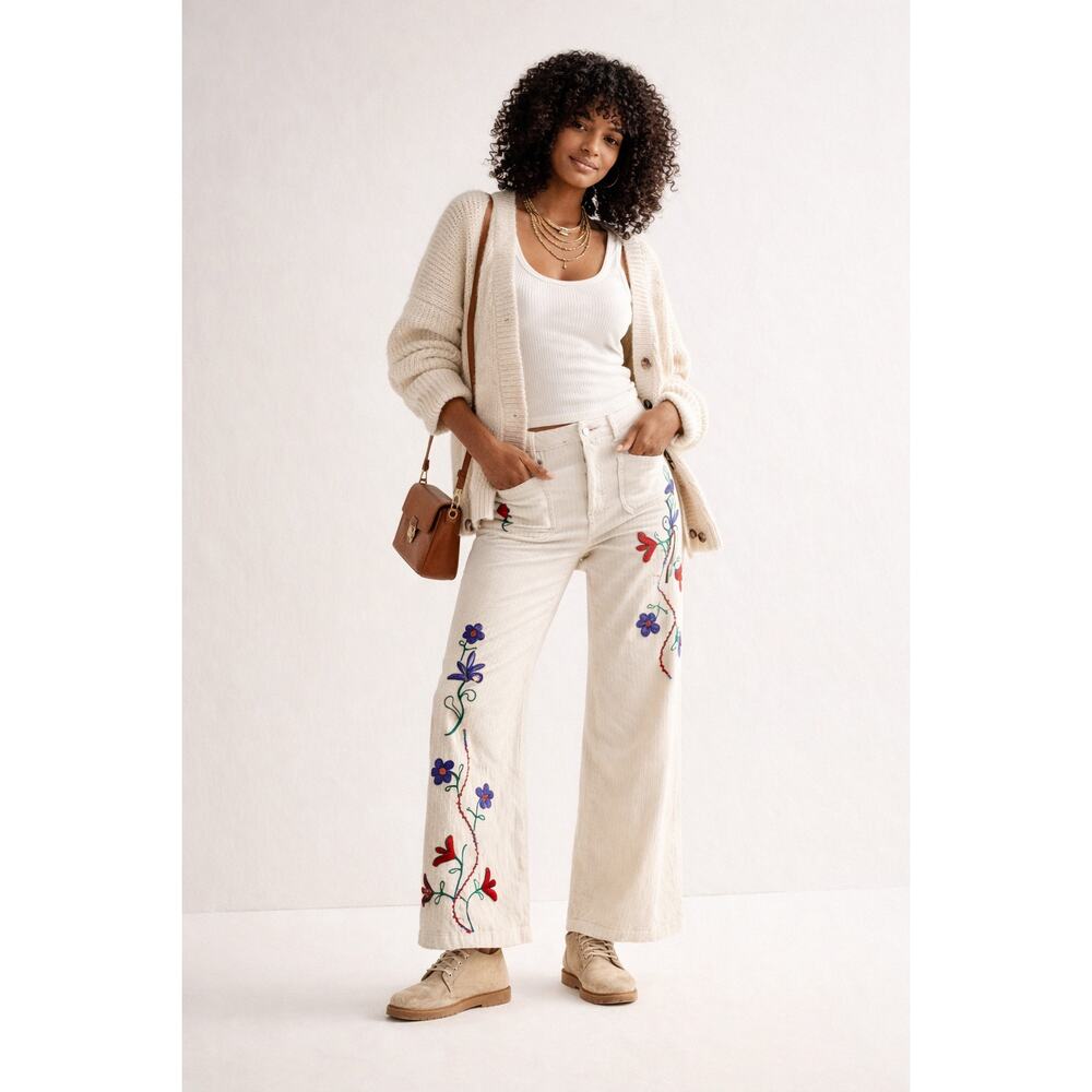 We The Free Winter Bloom Embroidered Corduroy Pants Cream Folklore Whimsical 28